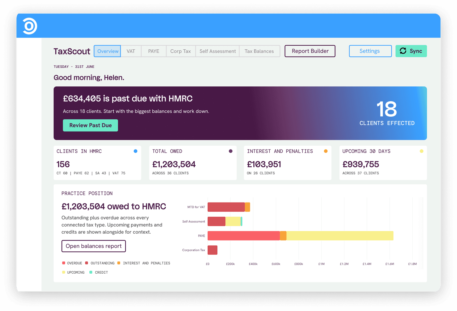 The TaxScout overview dashboard showing every client across tax types