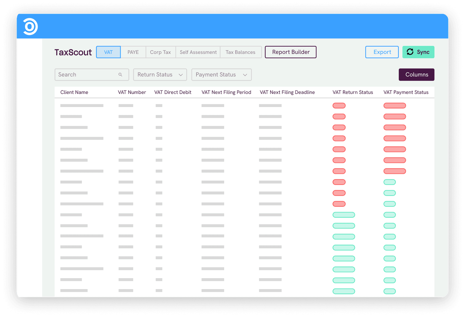 The TaxScout VAT view with return and payment status columns